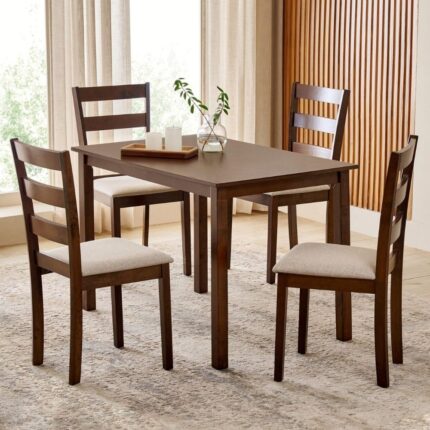 Solid Wood 4-Seater Dining Set with Chairs - Brown