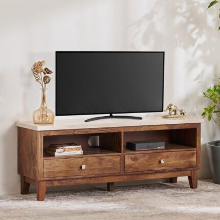 Solid Ash Wood & Rattan TV Unit