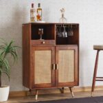 Solid Wood Rattan Cane Bar Cabinet – Brown Finish - Image 2