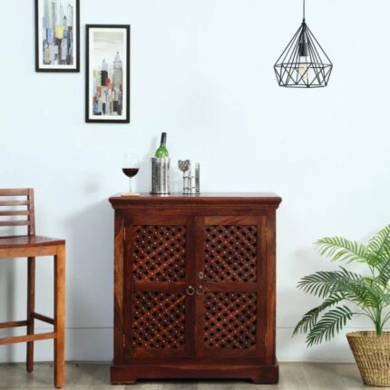Traditional Sheesham Wood Bar Cabinet In Honey Oak Finish