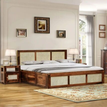 Rattan Solid Wood Cane Bed With Hydraulic Storage