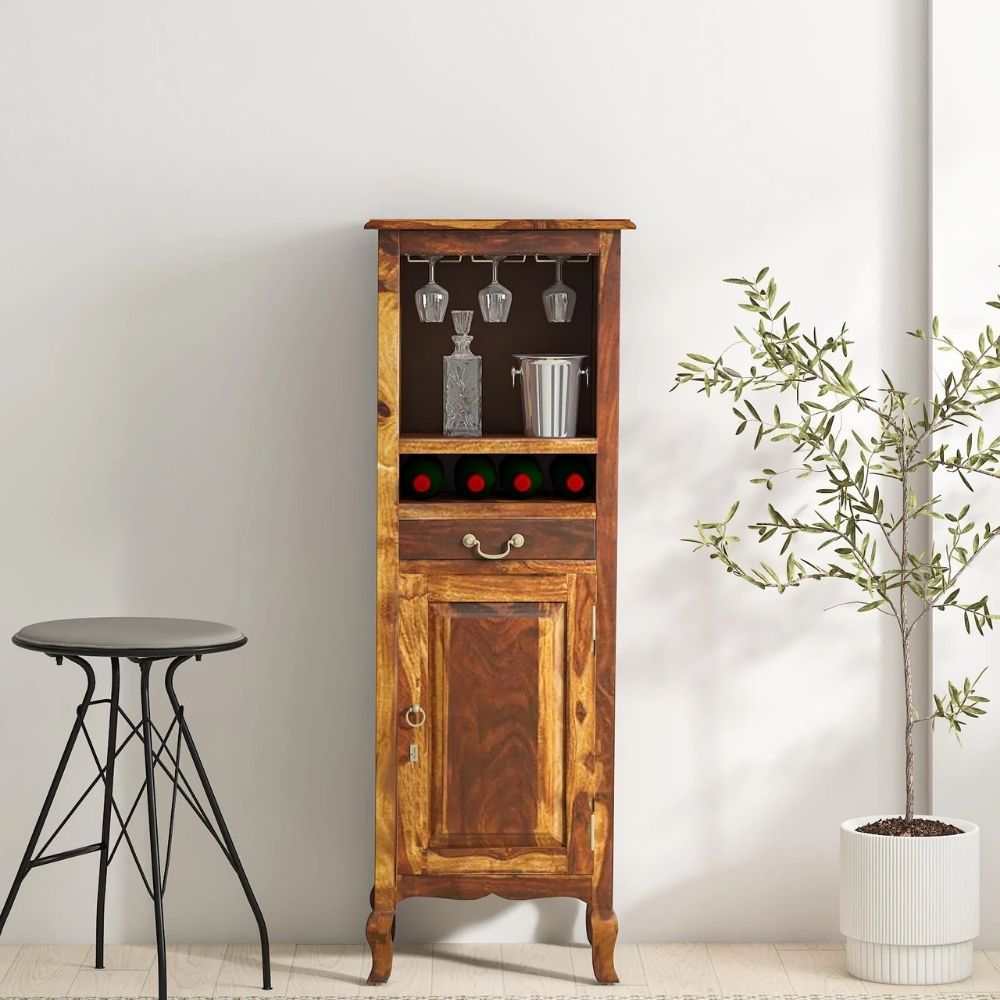 27 Sheesham Wood Tall Bar Cabinet in Provincial Teak Finish - Image 1