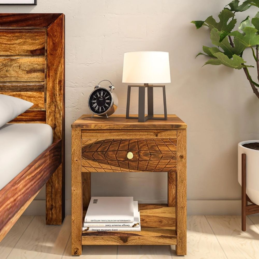 32 Sheesham Wood Bedside Table In Scratch Resistant Rustic Teak Finish With Drawer - Image 1