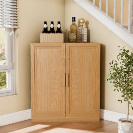 Farmhouse Style Wine & Liquor Cabinet with Fridge Space and Sliding Door for Home Bar