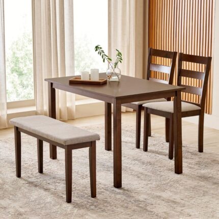 Solid Wood 4-Seater Dining Set with Chairs and Bench