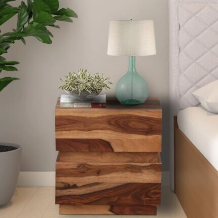 Sheesham Wood Bedside Table in Scratch Resistant Rustic Teak Finish With Drawers
