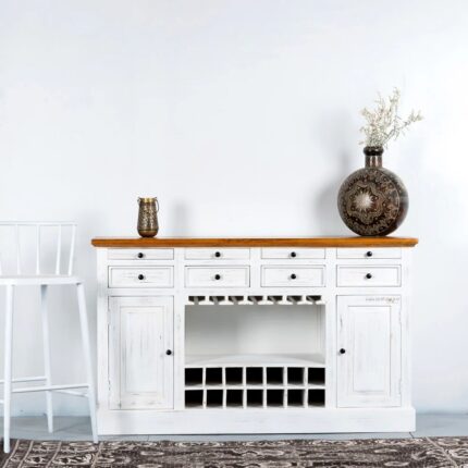 White Distressed Wooden Bar Counter with Vintage Drink Cabinet Storage