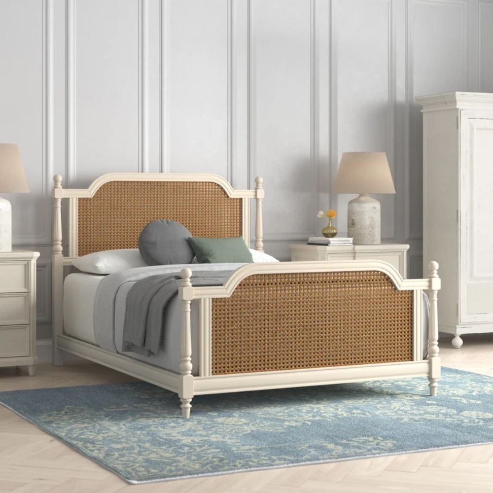 49 Sheesham Wood Vintage Luxury Standard White Morden Rattan Cane Bed - Image 1