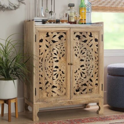 Wooden Carved Bar Cabinet with Marble Top (Natural)