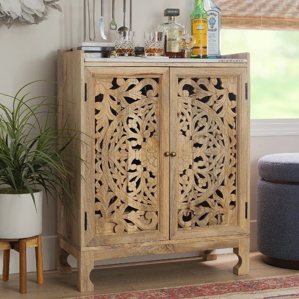 54 Wooden Carved Bar Cabinet with Marble Top (Natural) - Image 1