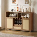 Wooden Corner Bar Cabinet with Mirrored Back, 2 Open Shelves & 2 Storage Drawers for Home Bar