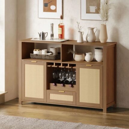 Wooden Corner Bar Cabinet with Mirrored Back, 2 Open Shelves & 2 Storage Drawers for Home Bar