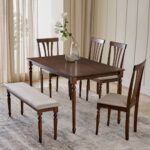 Solid Wood 6-Seater Dining Set with Chairs and Bench - Walnut