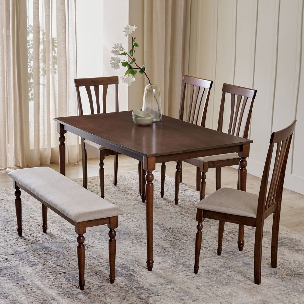 58 Solid Wood 6-Seater Dining Set with Chairs and Bench - Walnut - Image 1
