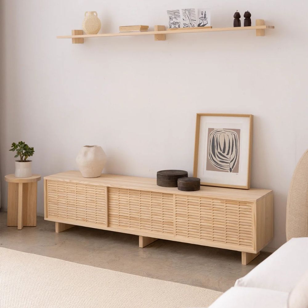 59 Pine Wood TV Stand with 3 Mallorquina Doors – 180 cm - Image 1