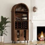 Bar Cabinet With 2 Rattan Doors, Wine Racks And Drawers For Dining Room And Living Room