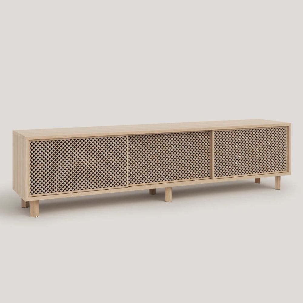 67 Pine Wood TV Stand with 2 or 3 Lattice Doors – 180 cm - Image 1