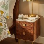 Marble Top Acacia Wood Bedside Table, Brown