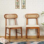 Sheesham Wood Dining Chair Set of 2 with Cane Backrest & Upholstered Seat