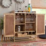 Solid Sheesham Wood Bar Cabinet with Glass Storage & Wine Racks - Image 2