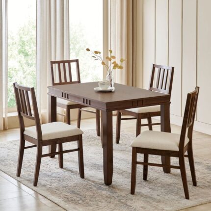 Solid Wood 4-Seater Dining Set with Chairs - Walnut