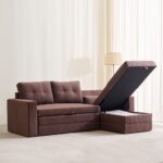 Fabric 2-Seater Storage Sofa Bed with Interchangeable Chaise - Brown - Image 4