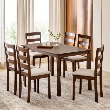 Solid Wood 6-Seater Dining Set with Chairs - Brown