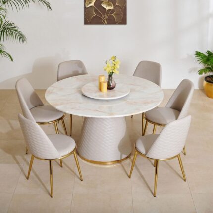 Marble Top 6-Seater Dining Set with Chairs - Beige