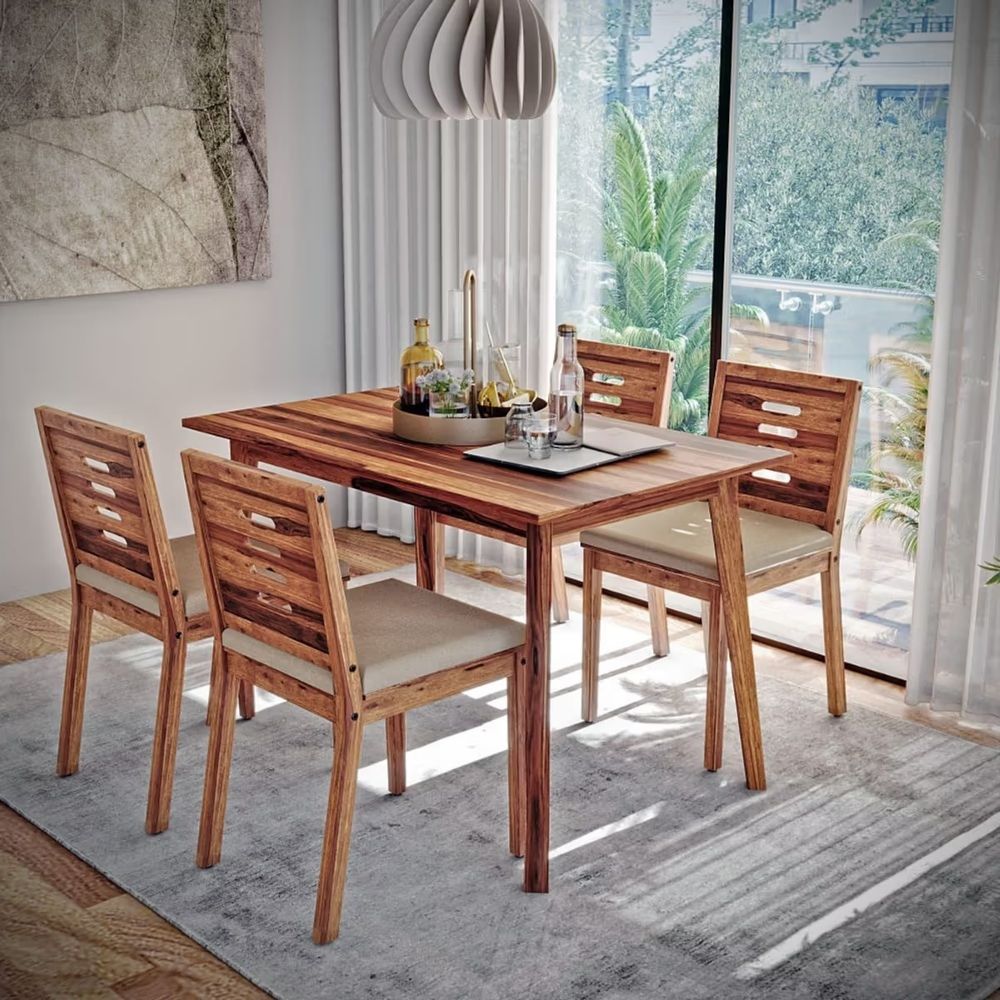 9 Sheesham Wood Dining Set (4 seater) (with Cushion-Omega Pearl)-Natural - Image 1