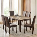 Marble Top 6-Seater Dining Set with Chairs - Brown