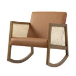 Genuine Leather Rocking Armchair with Light Walnut Frame & Rattan Armrests - Image 2