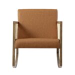 Genuine Leather Rocking Armchair with Light Walnut Frame & Rattan Armrests
