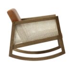 Genuine Leather Rocking Armchair with Light Walnut Frame & Rattan Armrests - Image 5