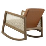 Genuine Leather Rocking Armchair with Light Walnut Frame & Rattan Armrests - Image 4