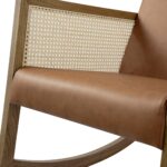 Genuine Leather Rocking Armchair with Light Walnut Frame & Rattan Armrests - Image 6