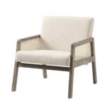 Fabric Armchair with Weathered Oak Frame & Handwoven Rattan Backrest - Image 3