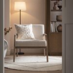 Fabric Armchair with Weathered Oak Frame & Handwoven Rattan Backrest