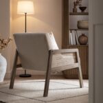 Fabric Armchair with Weathered Oak Frame & Handwoven Rattan Backrest - Image 7