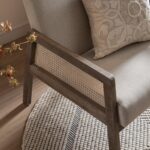Fabric Armchair with Weathered Oak Frame & Handwoven Rattan Backrest - Image 4