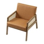 Leather Armchair with Light Walnut Frame and Handwoven Rattan Backrest - Image 12