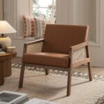 Leather Armchair with Light Walnut Frame and Handwoven Rattan Backrest - Image 2