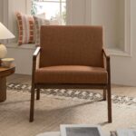 Leather Armchair with Light Walnut Frame and Handwoven Rattan Backrest