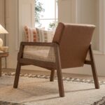 Leather Armchair with Light Walnut Frame and Handwoven Rattan Backrest - Image 7