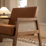 Leather Armchair with Light Walnut Frame and Handwoven Rattan Backrest - Image 5