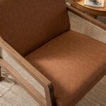 Leather Armchair with Light Walnut Frame and Handwoven Rattan Backrest - Image 4