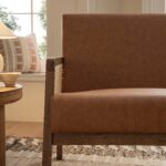 Leather Armchair with Light Walnut Frame and Handwoven Rattan Backrest - Image 6