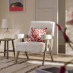 Soft Beige Bouclé Armchair with Weathered Oak Frame - Image 2