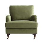 Luxe Olive Green Velvet Armchair with Antique Brass Castor Legs for Elegant Home Seating - Image 3