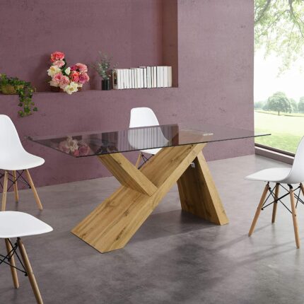 Oak Effect 160 cm Dining Table with Clear Glass Top