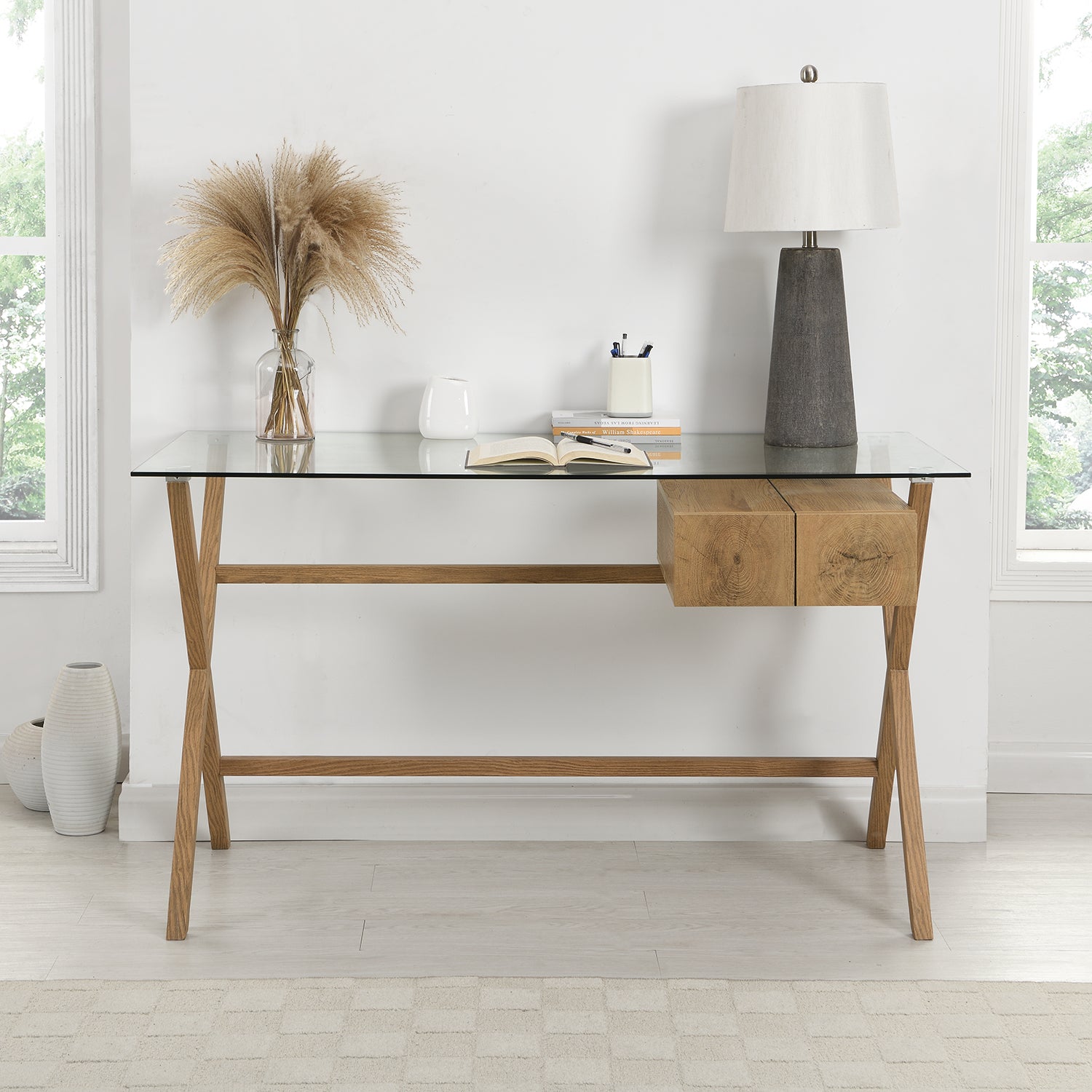 BSD-058_scene2 1-Drawer Glass Top Desk – Modern Study & Work Table with Sleek Storage - Image 1